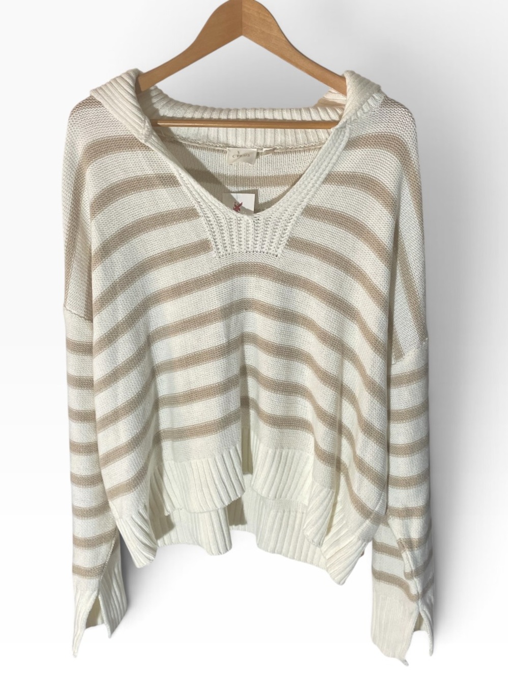 C15- Cyrus Striped V-Neck Hooded Sweater in Cream and Tan